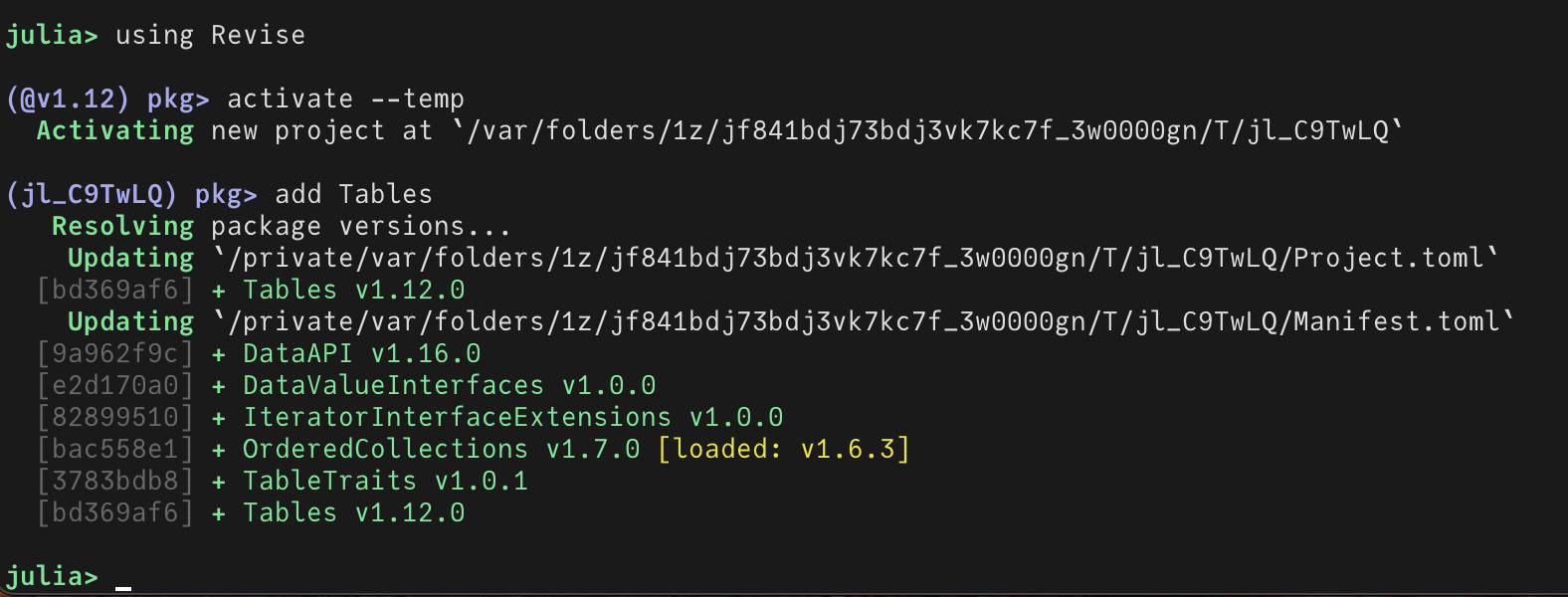 Pkg.status showing loaded version highlight