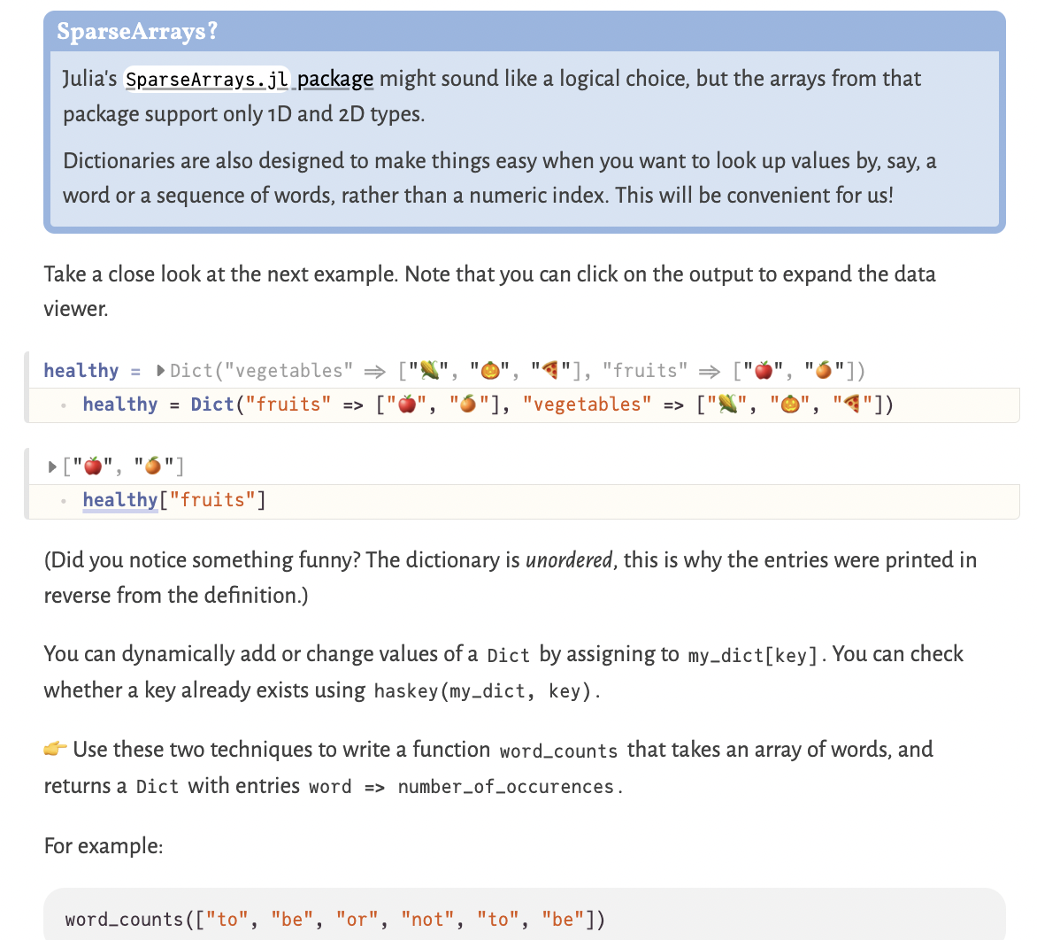 A screenshot of a Pluto notebook about strings, dictionaries and analyzing natural language.